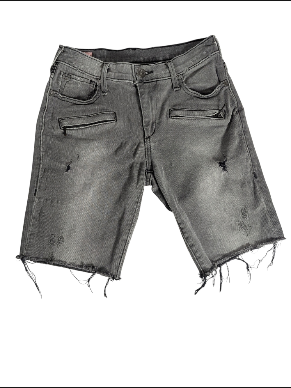 TRUE RELIGION GRAY MOTO DISTRESSED DENIM SHORTS SIZE 25